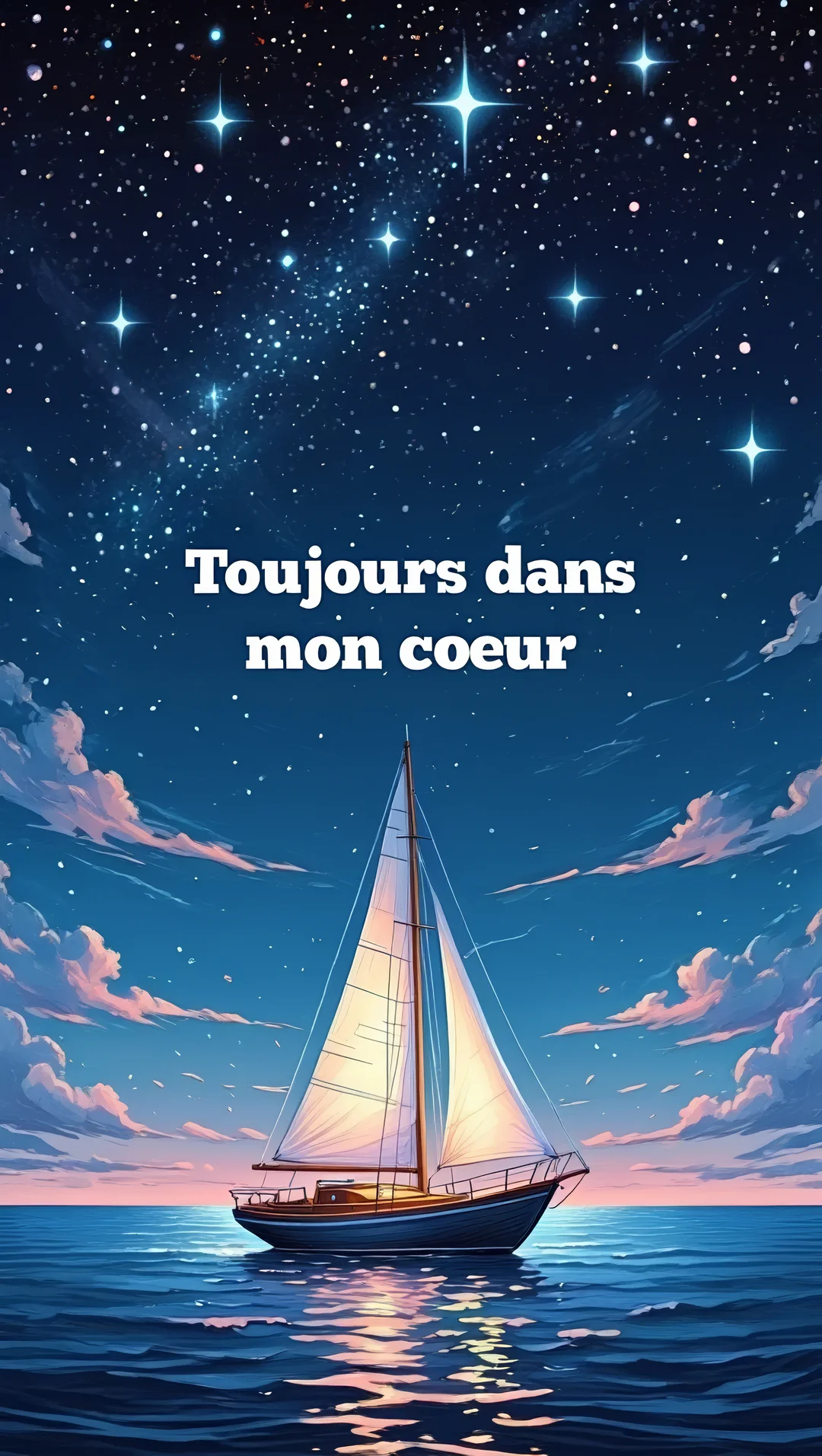 Un voilier aux voiles lumineuses navigue sur une mer calme, sous un ciel nocturne rempli d'étoiles scintillantes et de nuages rosés.