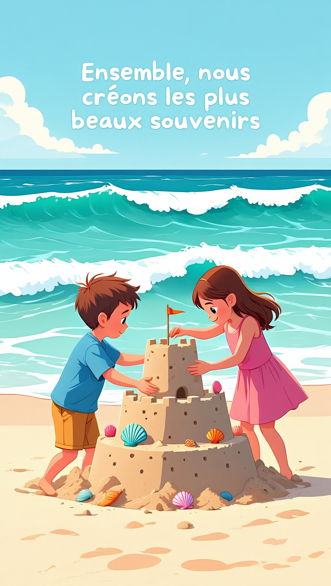 Deux jeunes enfants, un garçon et une fille, collaborent pour construire un grand château de sable sur une plage ensoleillée, avec la mer en arrière-plan.