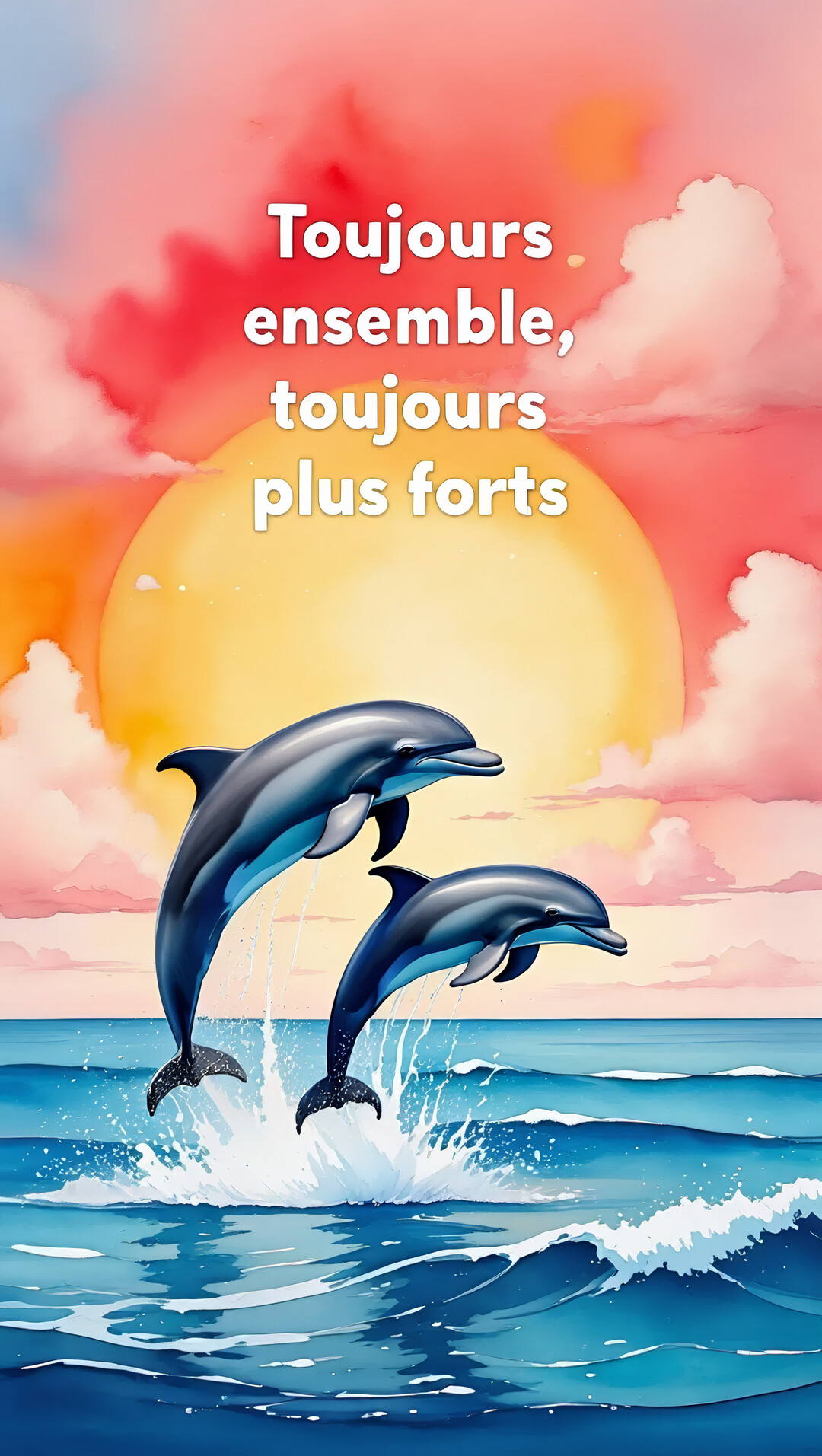 Deux dauphins bondissent en parfaite synchronisation hors d'un océan agité, devant un grand soleil couchant et un ciel rose orangé.