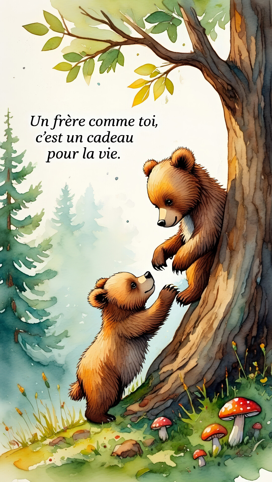 Illustration à l'aquarelle de deux oursons frères, l'un sur un arbre aidant l'autre à monter, dans un décor de forêt paisible.