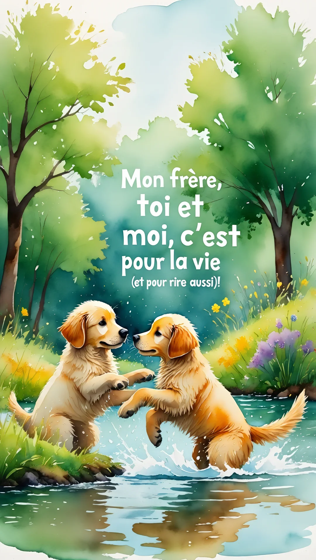 Dans un style aquarelle, deux golden retrievers joueurs s'éclaboussent dans l'eau au milieu d'un paysage verdoyant et ensoleillé.