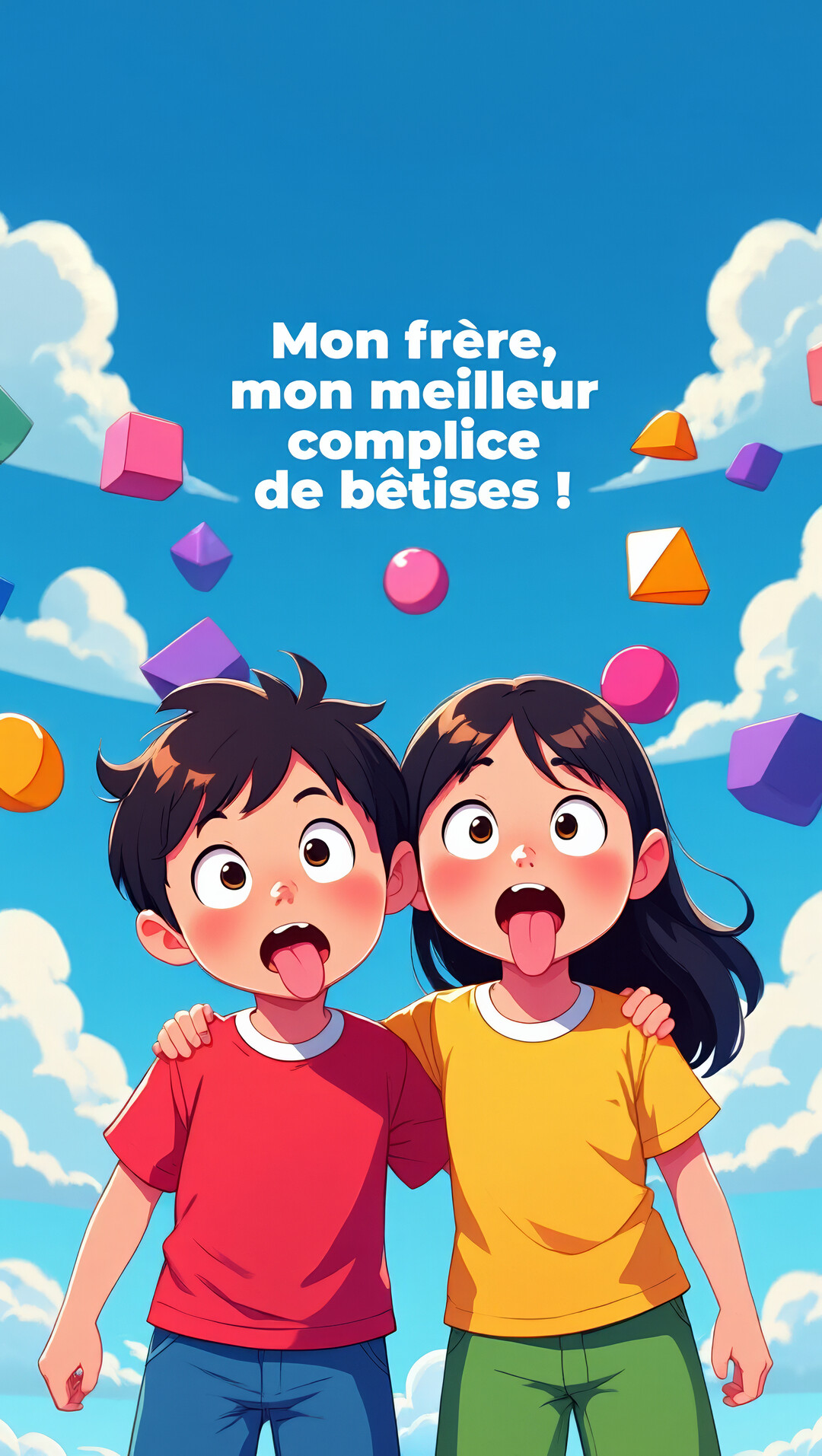 Un garçon et une fille de style dessin animé, bras dessus bras dessous, tirent la langue de manière espiègle sous un ciel bleu.