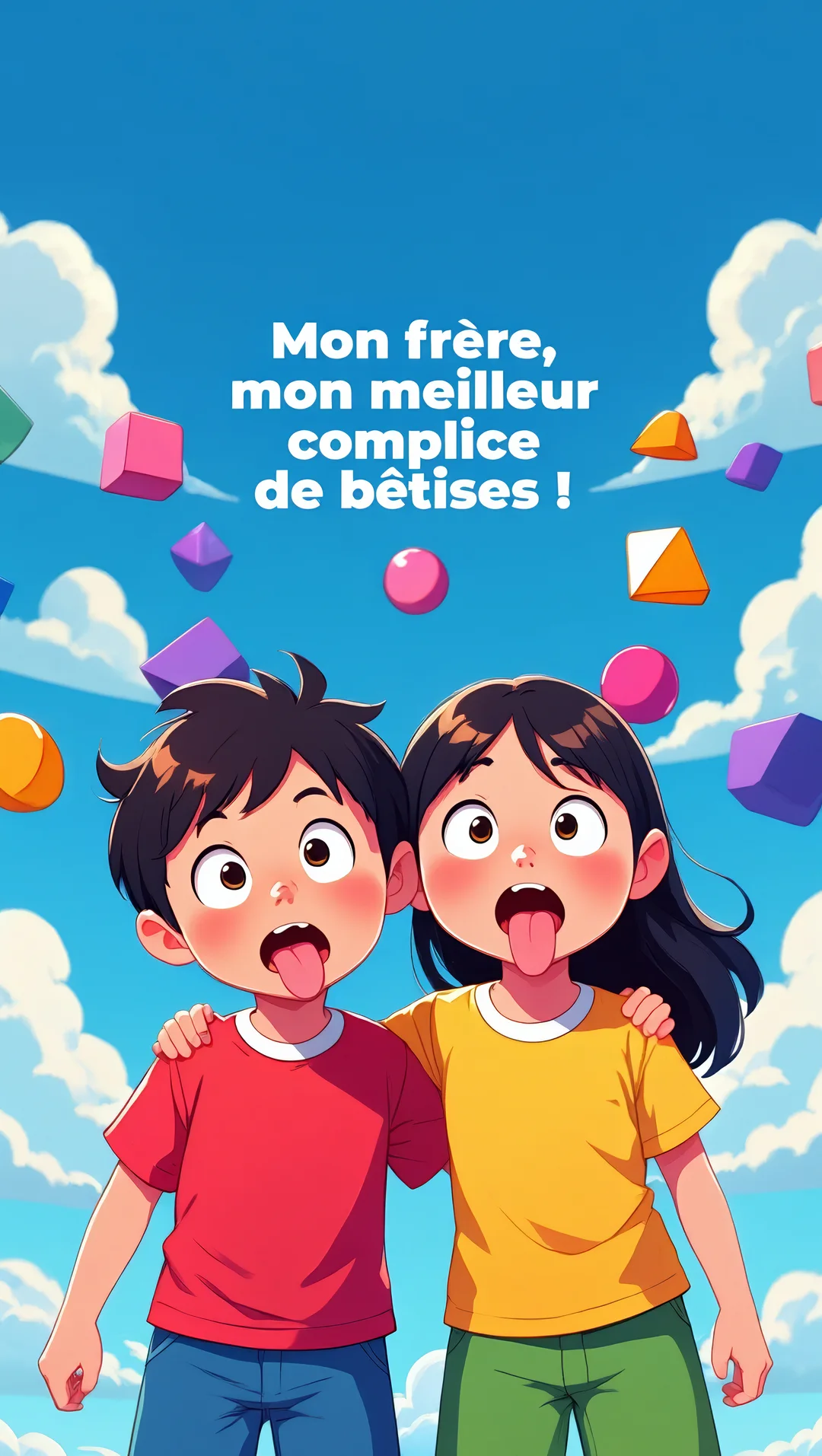 Un garçon et une fille de style dessin animé, bras dessus bras dessous, tirent la langue de manière espiègle sous un ciel bleu.
