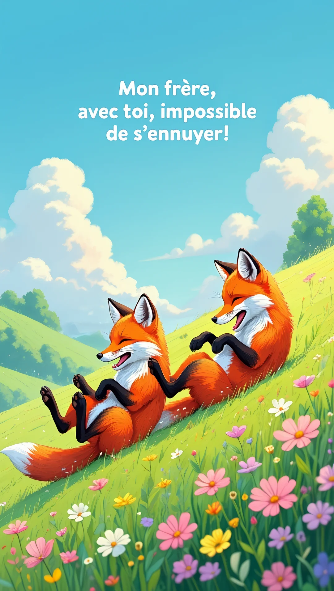 Deux renards oranges de style dessin animé rient joyeusement dans une colline verdoyante parsemée de fleurs, sous un ciel d'été.
