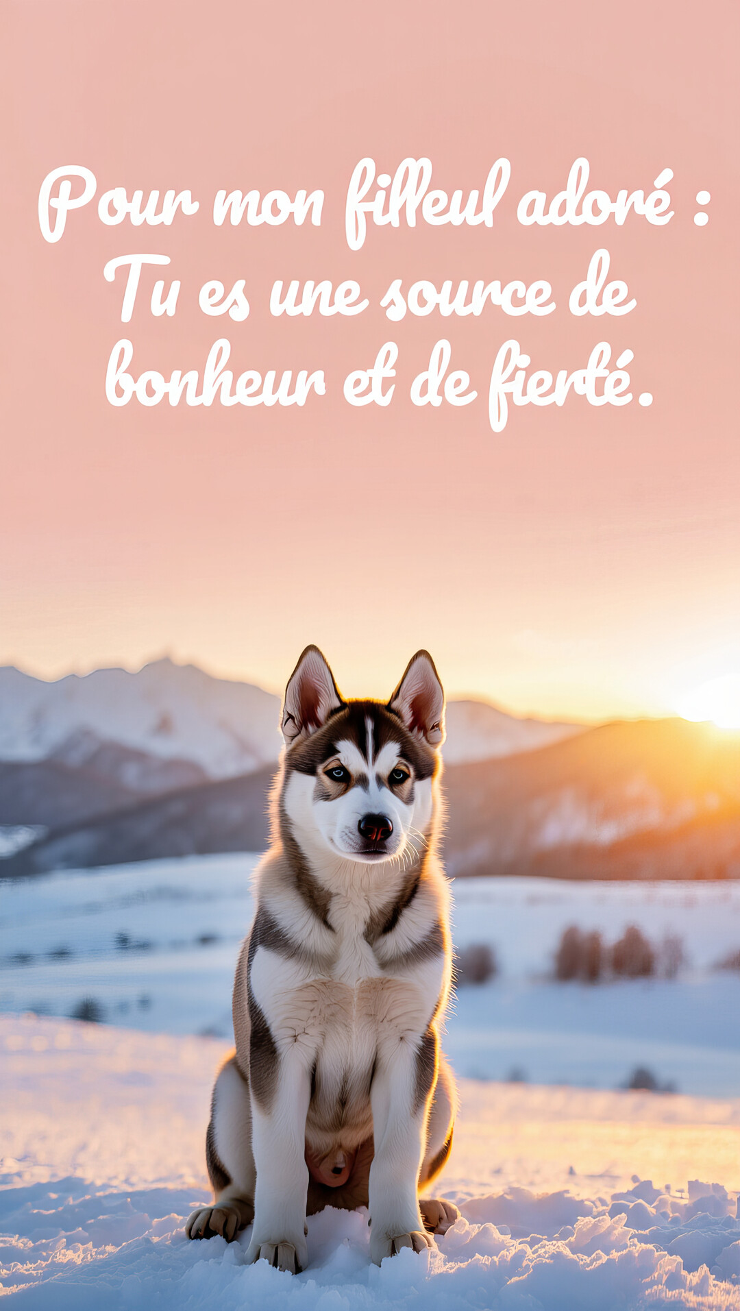 Un jeune chiot husky est assis sagement dans un paysage de montagnes enneigées, baigné par la lumière chaude d'un soleil couchant.