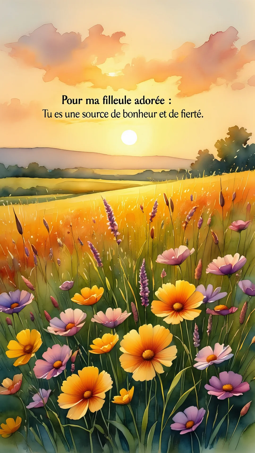 Une illustration à l'aquarelle d'un champ de fleurs colorées sous un ciel doré au coucher du soleil, avec un message affectueux.