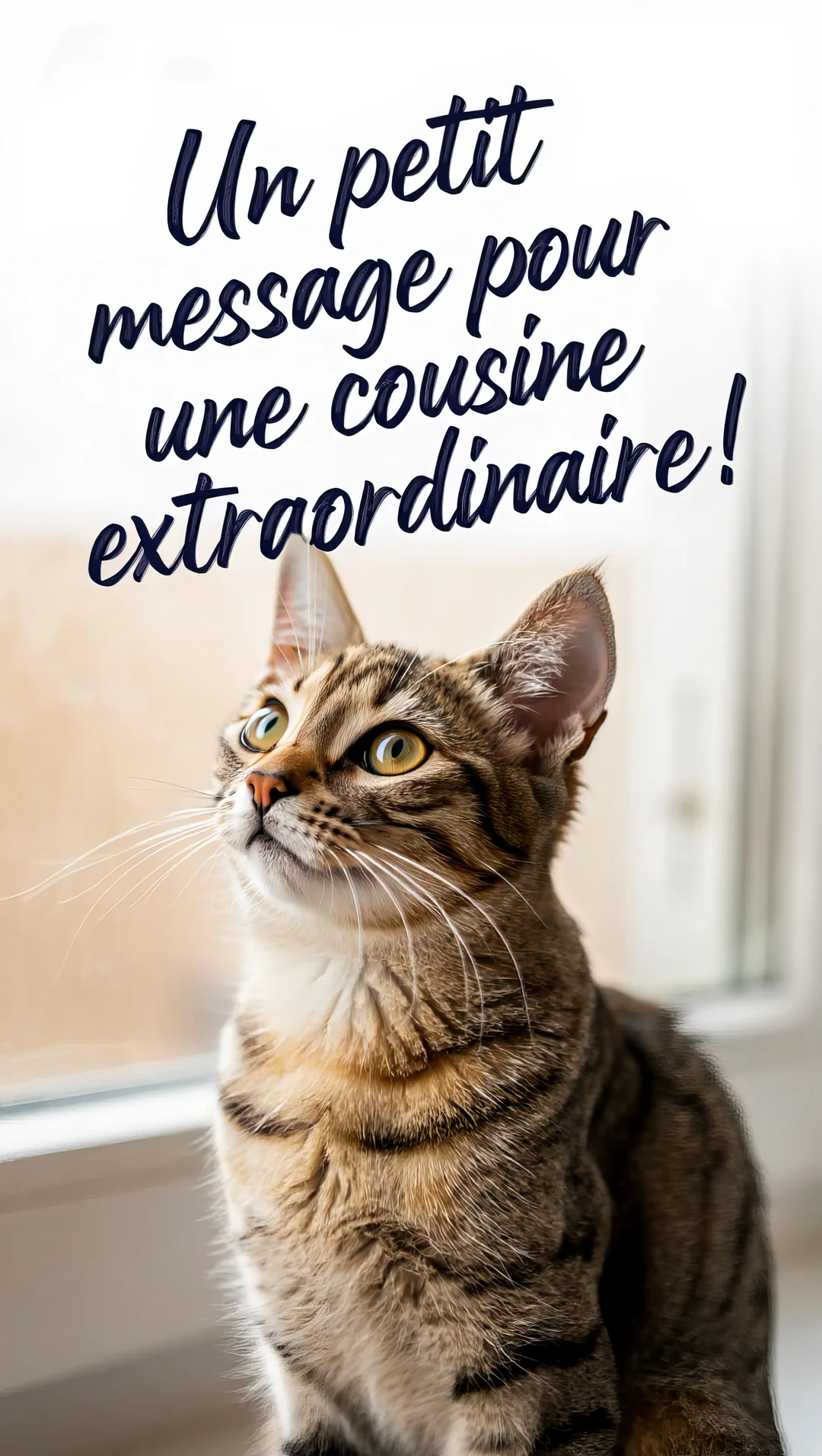 Un jeune chat tigré marron et noir, avec de grands yeux jaunes, lève la tête, le regard attentif, devant une fenêtre lumineuse.