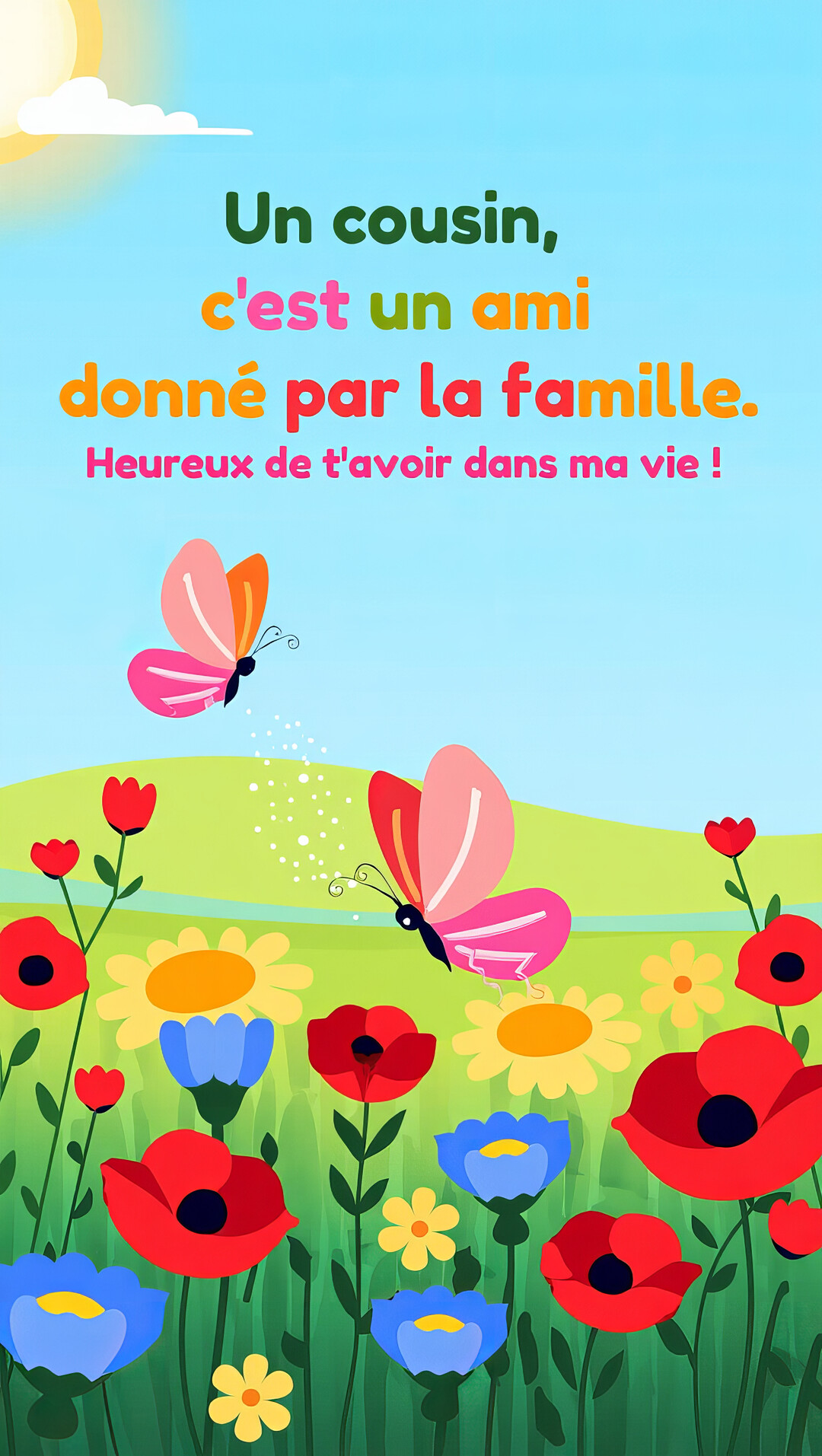 Une illustration joyeuse montrant des papillons volant au-dessus d'un champ de coquelicots et de fleurs colorées sous un ciel ensoleillé.