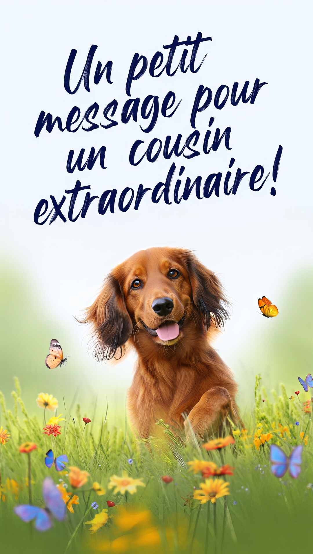 Un jeune teckel roux à poil long est assis dans une prairie fleurie, entouré de papillons, sous le message manuscrit 'Un petit message pour un cousin extraordinaire!'.