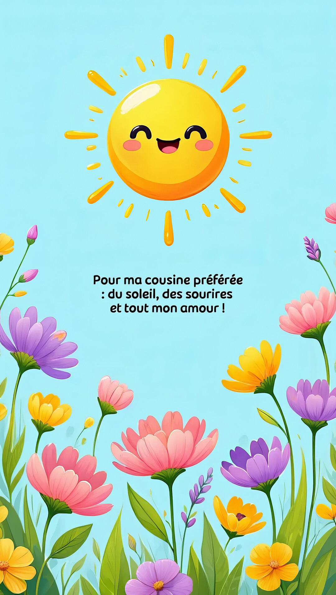 Une illustration colorée montre un soleil souriant dans un ciel bleu, flottant au-dessus d'un parterre de fleurs roses, violettes et jaunes.