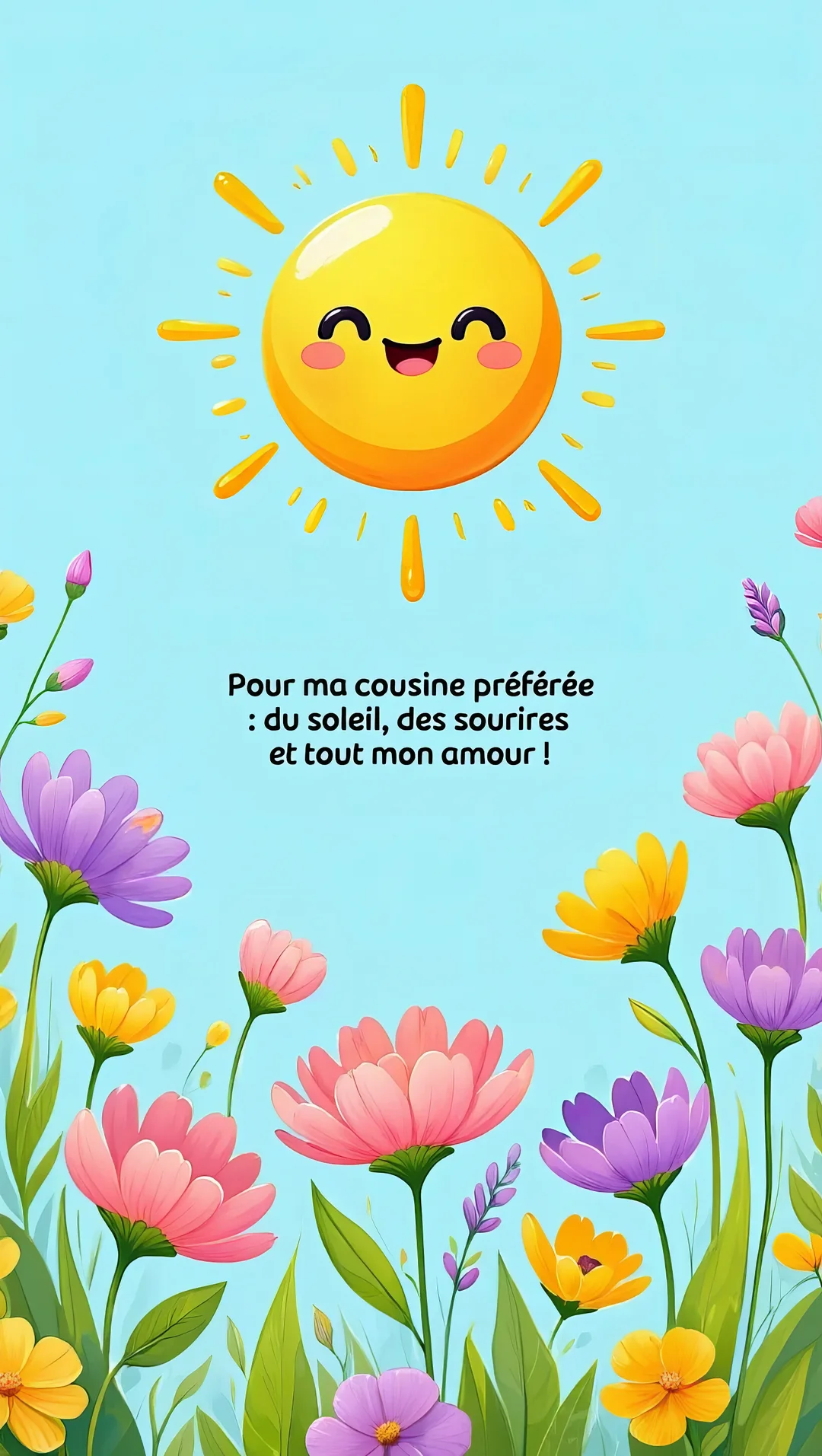 Une illustration colorée montre un soleil souriant dans un ciel bleu, flottant au-dessus d'un parterre de fleurs roses, violettes et jaunes.
