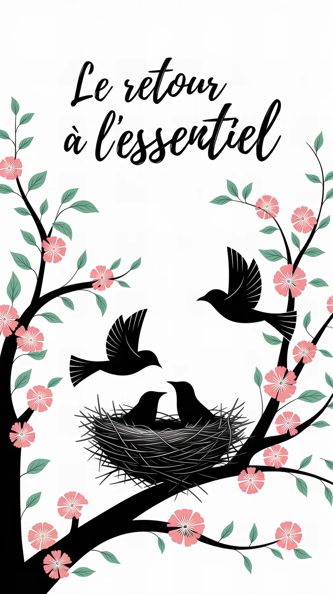 Des silhouettes d'oiseaux noirs sur un arbre en fleurs, avec deux parents volant vers leur nid où se trouvent deux oisillons.