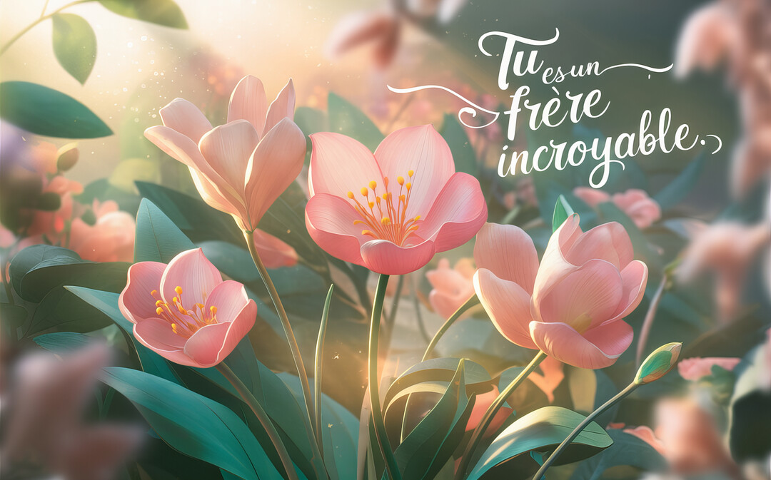 Illustration de fleurs roses aux pétales délicats sur fond vert, baignées de lumière dorée, avec le texte calligraphié 'Tu es un frère incroyable'.
