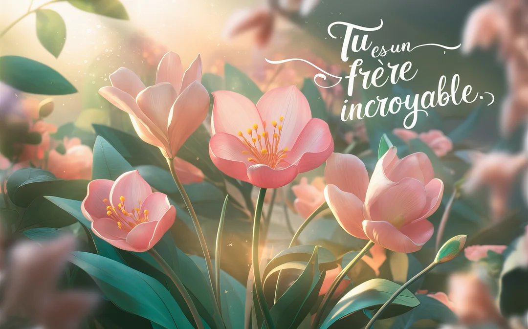 Illustration de fleurs roses aux pétales délicats sur fond vert, baignées de lumière dorée, avec le texte calligraphié 'Tu es un frère incroyable'.