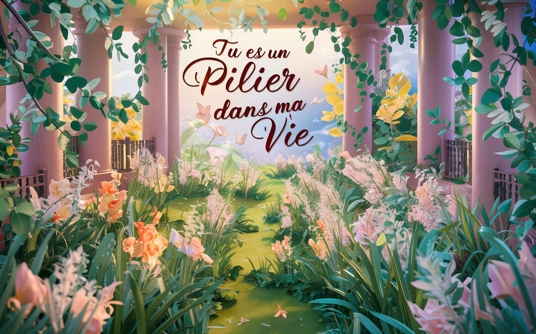 Un paysage de rêve montre un jardin luxuriant avec des colonnes roses et le texte calligraphié 'Tu es un pilier dans ma vie'.