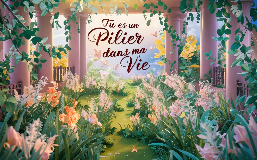 Un paysage de rêve montre un jardin luxuriant avec des colonnes roses et le texte calligraphié 'Tu es un pilier dans ma vie'.