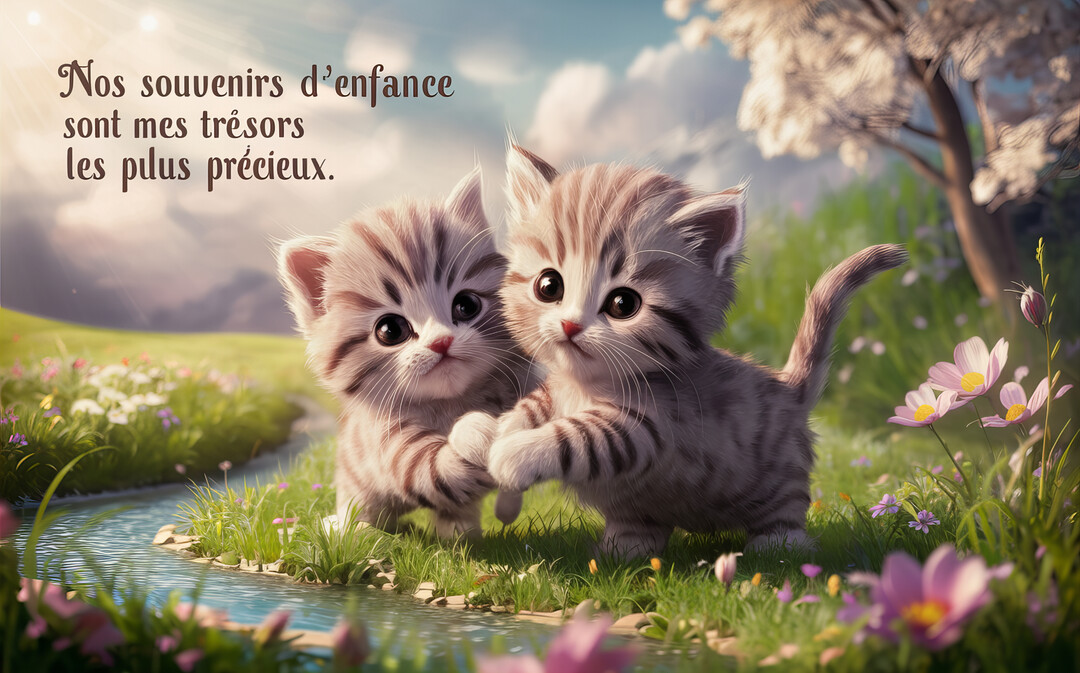 Deux mignons chatons tigrés se tiennent la patte sur l'herbe près d'un ruisseau, dans un paysage printanier fleuri et ensoleillé.