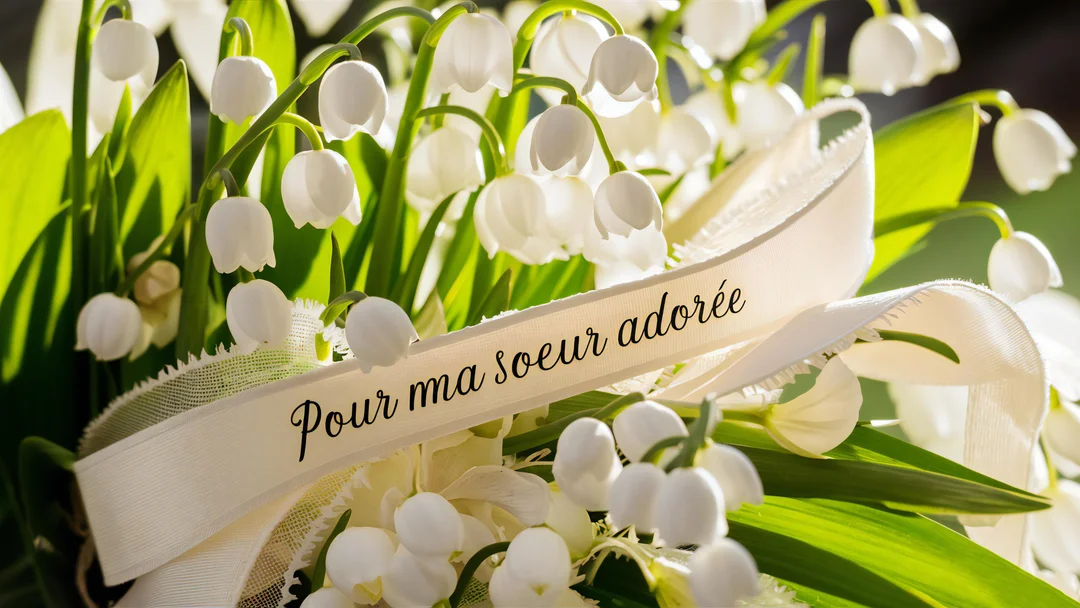 En gros plan, un bouquet de fleurs blanches en forme de clochettes est traversé par un ruban où est écrit "Pour ma soeur adorée".