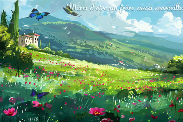 Carte de remerciement pour un frère : paysage de campagne fleuri, papillons et message d'affection.