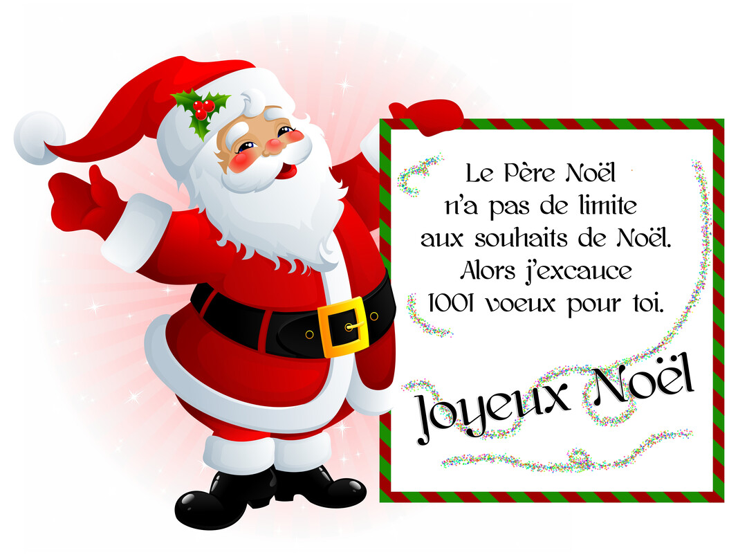 Un Père Noël de dessin animé, souriant et joufflu, présente une pancarte contenant un message de vœux pour un Joyeux Noël.