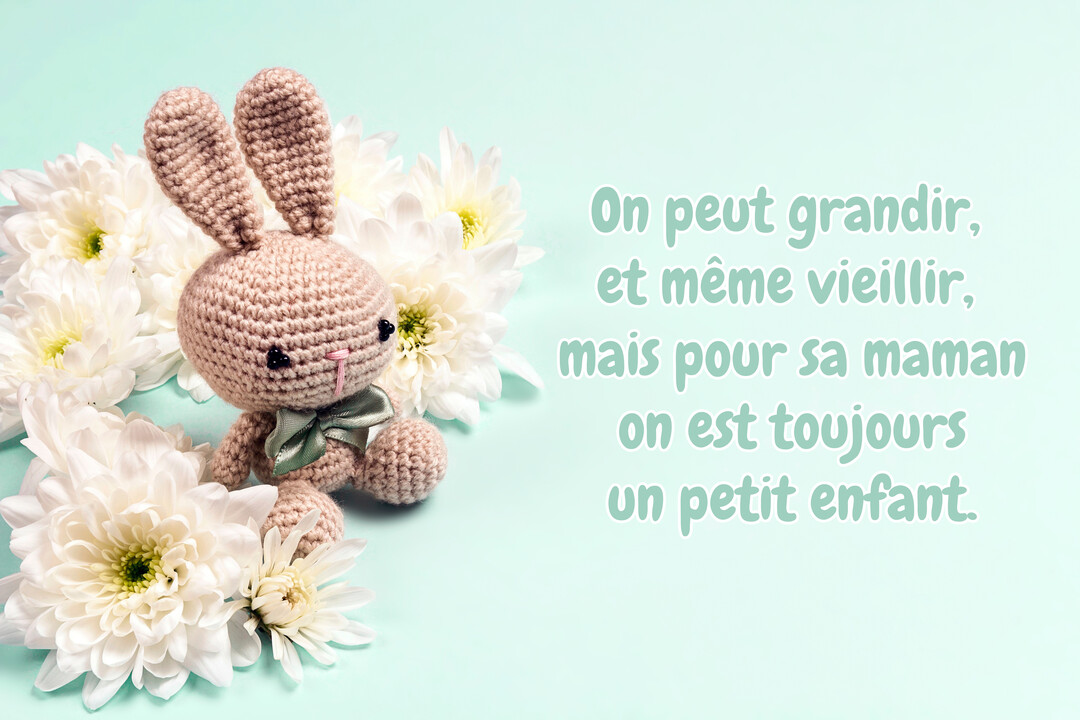 Photographie d'un lapin en crochet fait main, posé au milieu de chrysanthèmes blancs sur un fond pastel, illustrant une citation sur l'amour maternel.