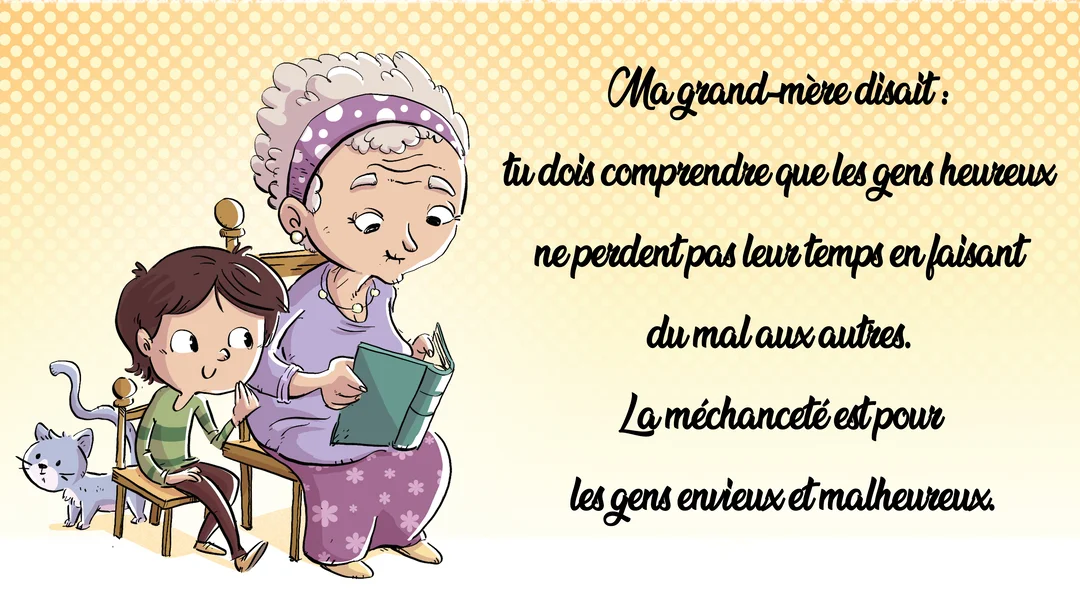 Une grand-mère aux cheveux gris lit un livre à son petit-fils assis à côté d'elle, avec un petit chat gris près de lui.
