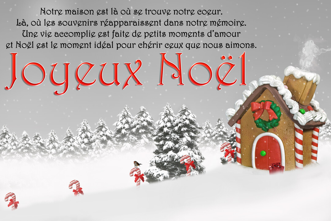 Une maison en pain d'épice se dresse dans un paysage hivernal enneigé sous un texte poétique souhaitant un Joyeux Noël.