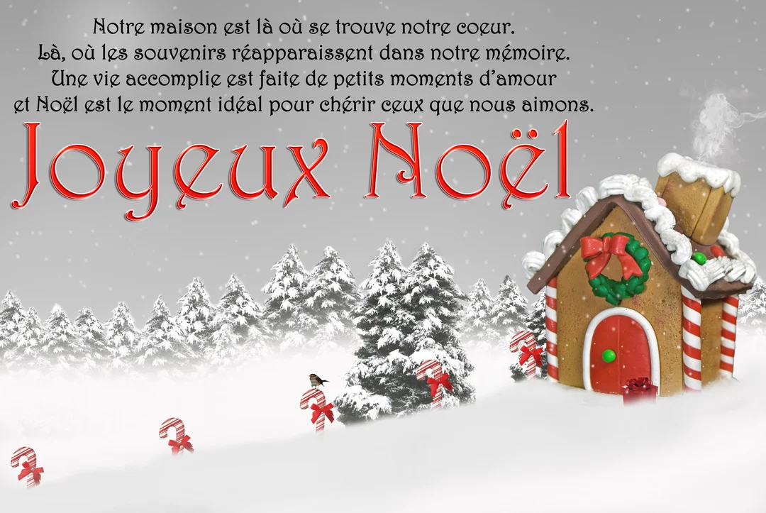 Une maison en pain d'épice se dresse dans un paysage hivernal enneigé sous un texte poétique souhaitant un Joyeux Noël.