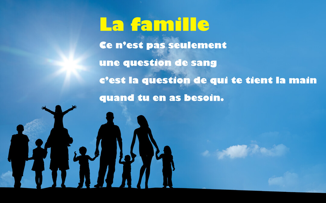 Une silhouette de famille nombreuse, parents et enfants, se tenant la main sur une colline, sous un ciel bleu avec un soleil éclatant.