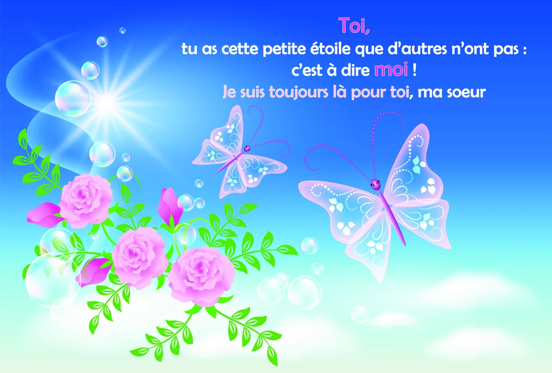 Une scène féerique avec deux papillons roses volant près de roses sous un soleil éclatant, sur un fond de ciel bleu.