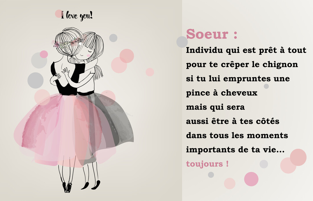 Une illustration au trait de deux jeunes soeurs en tutu rose et gris s'étreignant, sur un fond beige avec des pois colorés.