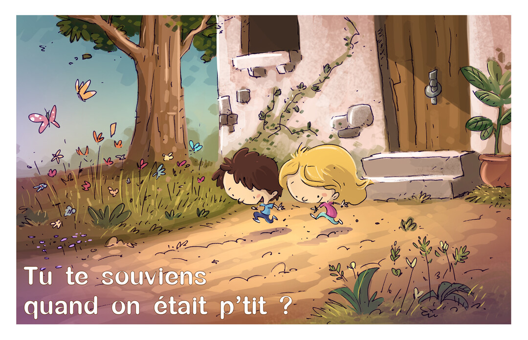 Un garçon aux cheveux bruns et une fille blonde, dessinés en style enfantin, courent sur un chemin de terre à côté d'une maison rustique.