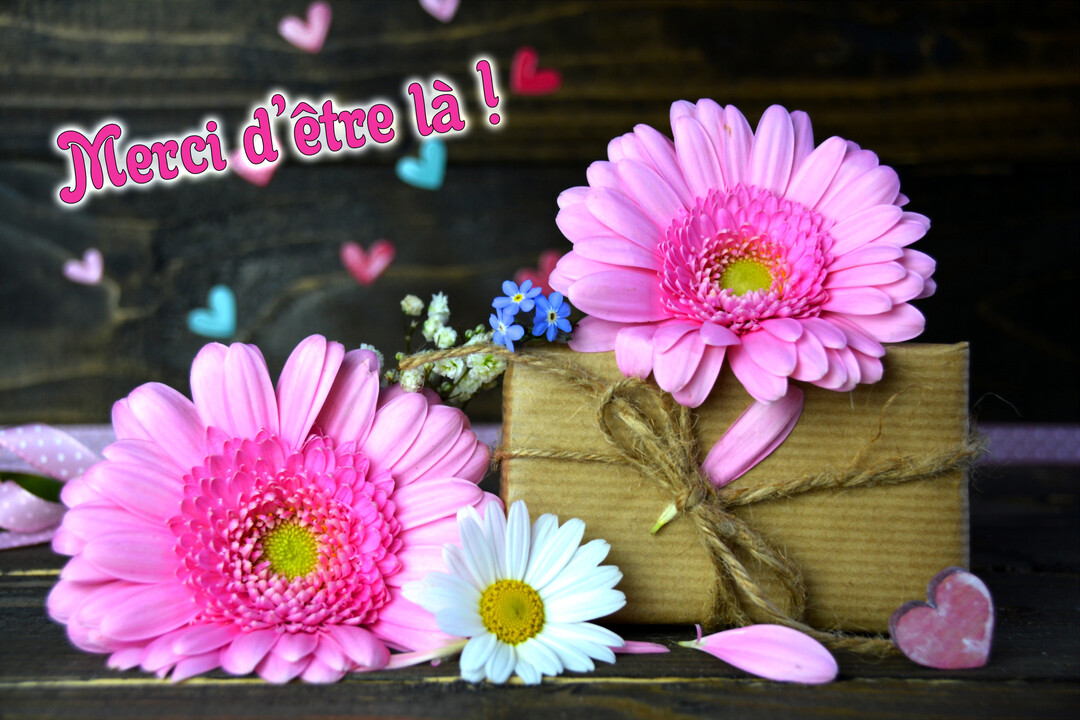 Une composition florale avec des gerberas roses, un cadeau emballé et des petits cœurs, sur un fond en bois rustique.