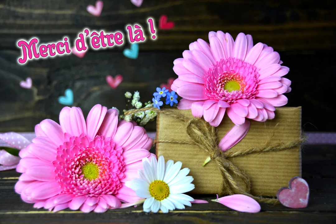 Une composition florale avec des gerberas roses, un cadeau emballé et des petits cœurs, sur un fond en bois rustique.