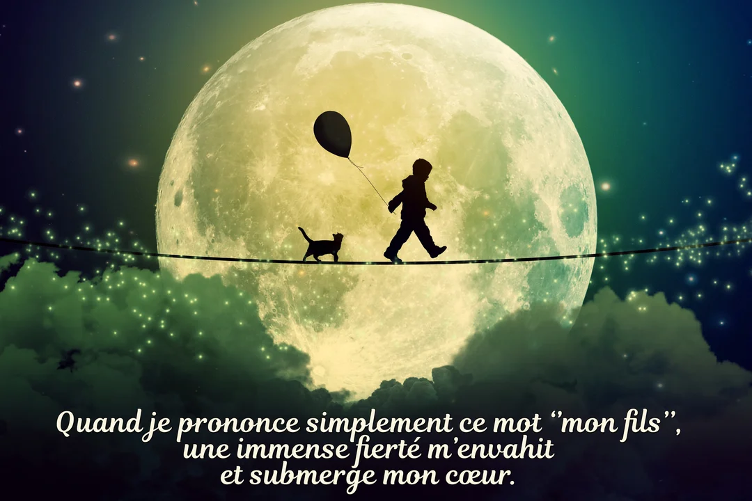 Dans un ciel nocturne étoilé, la silhouette d'un enfant tenant un ballon et d'un chat marche sur un fil devant une pleine lune.