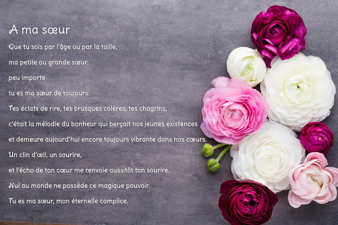 Sur un fond gris ardoise, un poème est écrit à gauche d'une composition de fleurs de renoncules de couleurs rose, blanche et magenta.
