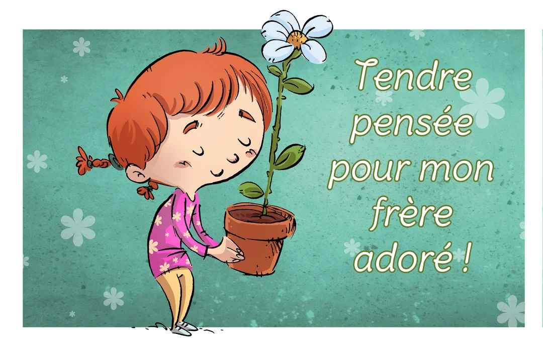 Une jeune fille rousse aux yeux fermés tient tendrement un pot de fleur contenant une unique marguerite, sur un fond vert texturé.
