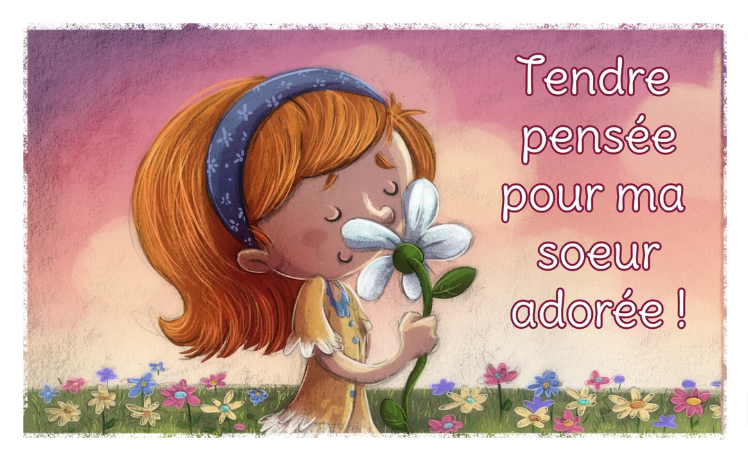 Une jeune fille aux cheveux roux, vêtue d'une robe jaune, sent avec tendresse une grande fleur blanche dans un champ fleuri au crépuscule.