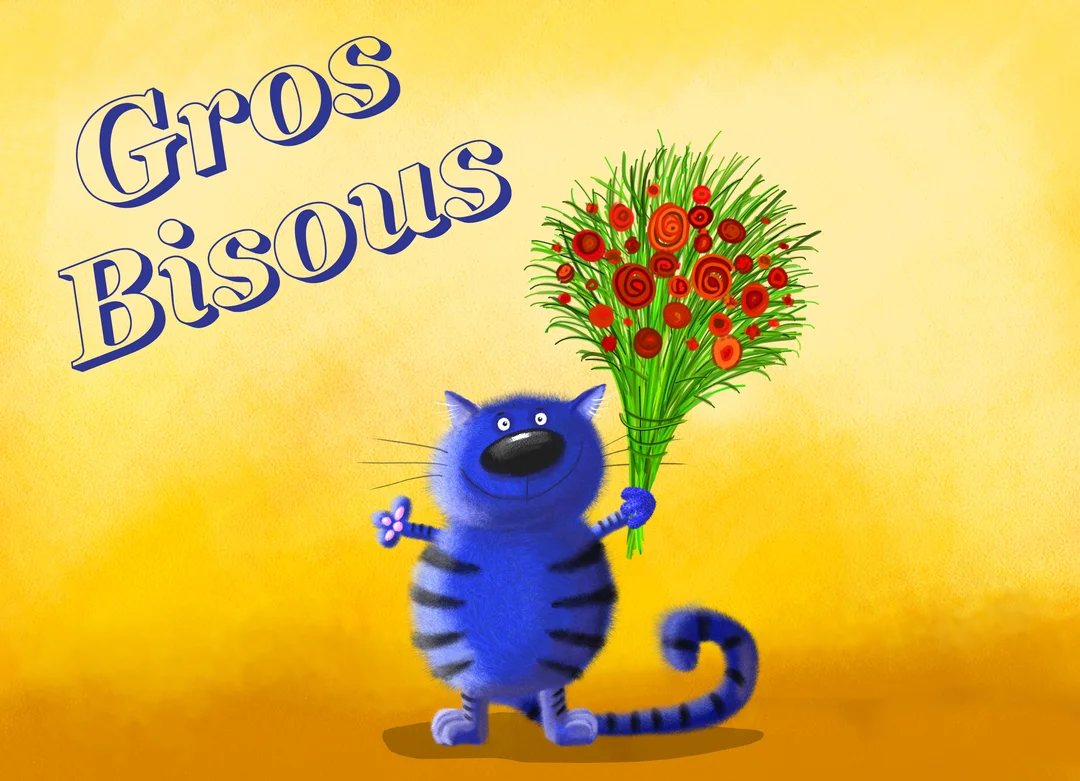Un chat bleu au style enfantin se tient sur un fond jaune, souriant et offrant un bouquet de fleurs rouges à l'observateur.