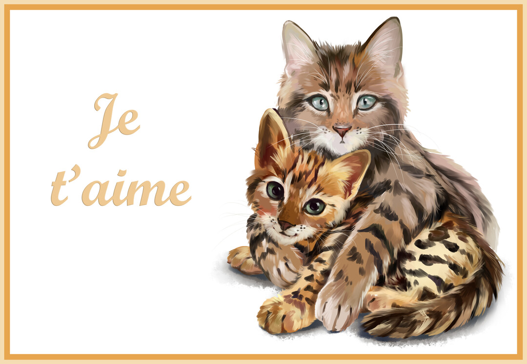 Une maman chat tigré enlace tendrement son chaton tacheté, tous deux regardant vers l'avant sur un fond blanc avec le texte 'Je t'aime'.
