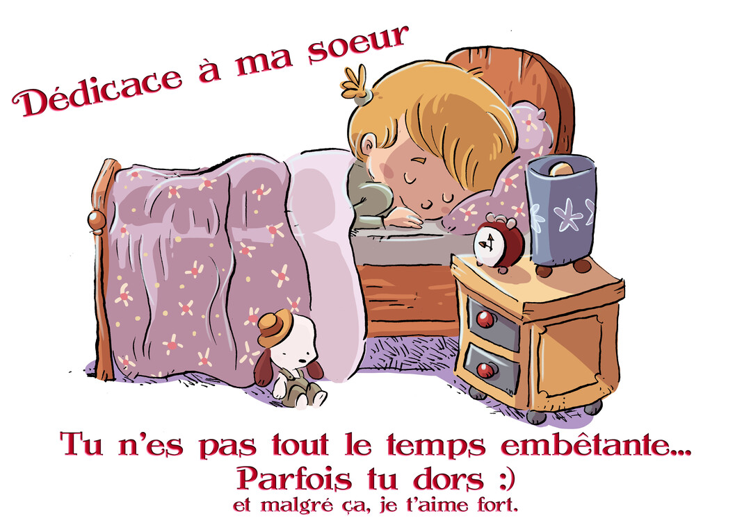 Une illustration de style dessin animé montre une jeune fille blonde dormant profondément dans son lit, à côté d'une table de chevet.