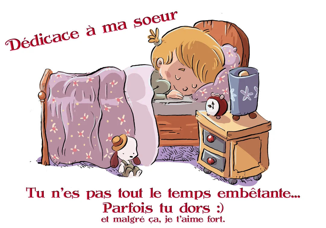 Une illustration de style dessin animé montre une jeune fille blonde dormant profondément dans son lit, à côté d'une table de chevet.