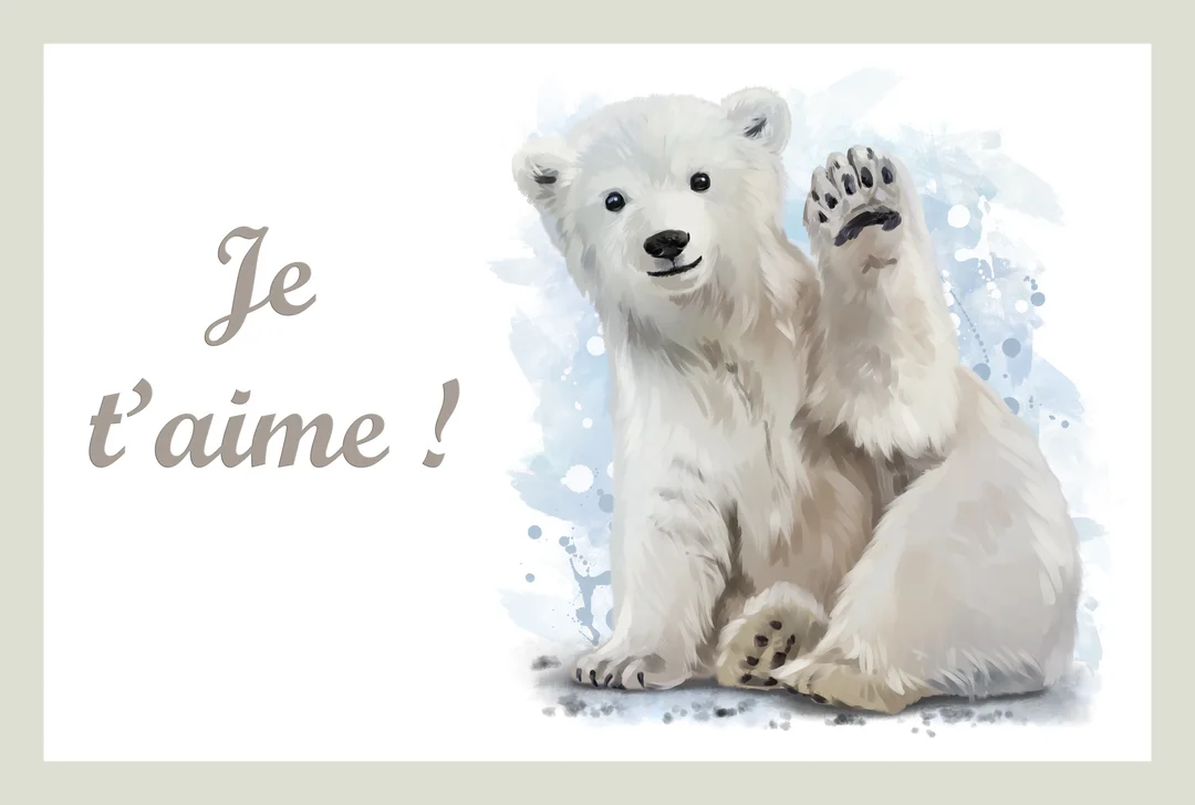 Un jeune ours polaire, dessiné dans un style aquarelle, est assis et lève une patte pour dire bonjour, avec 'Je t'aime !' écrit à côté.