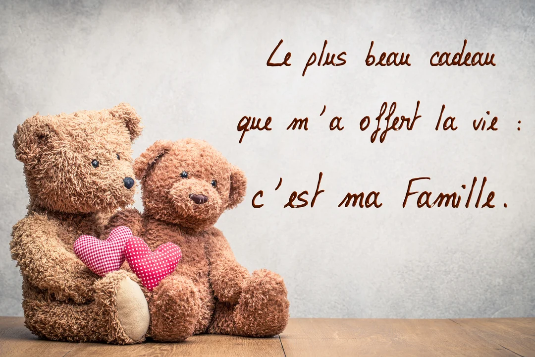 Deux oursons en peluche bruns sont assis l'un contre l'autre, tenant deux petits cœurs en tissu à carreaux rouges et blancs.