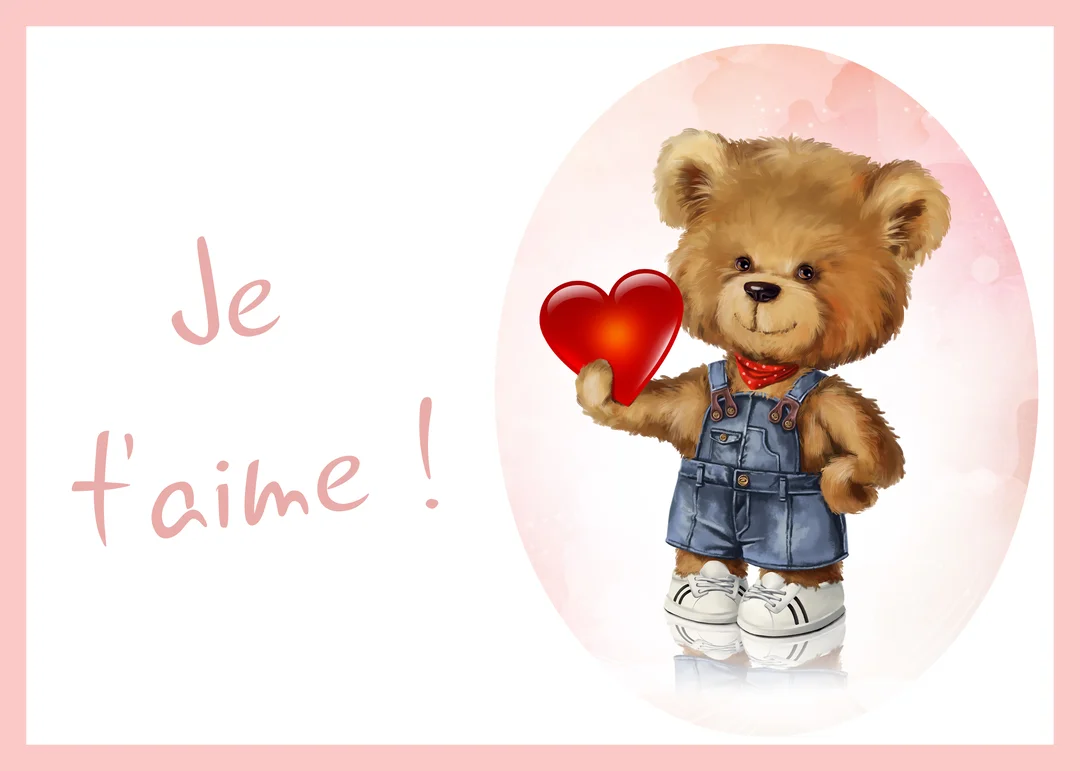 Un adorable ours en peluche brun en salopette en jean tient un cœur rouge brillant, à côté du texte manuscrit 'Je t'aime'.