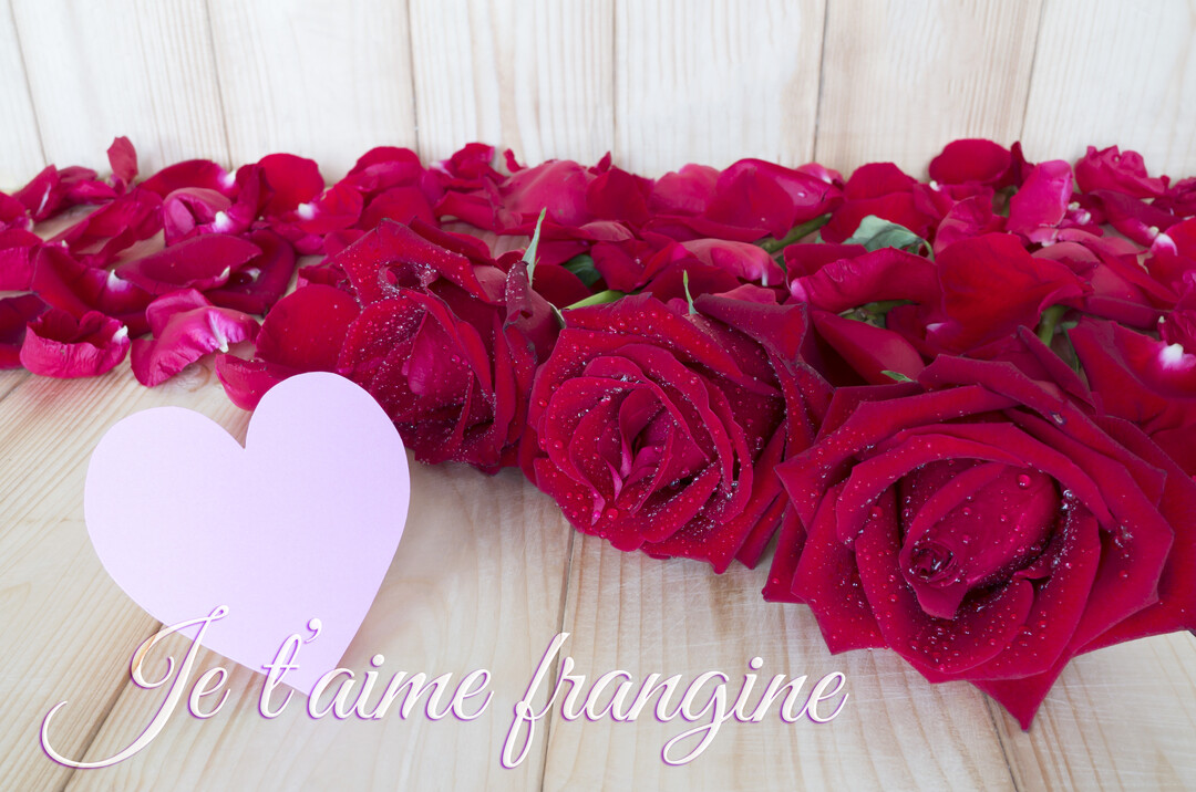 Sur un fond en bois clair, une profusion de roses rouges et de pétales accompagne un cœur rose et le message manuscrit 'Je t'aime frangine'.