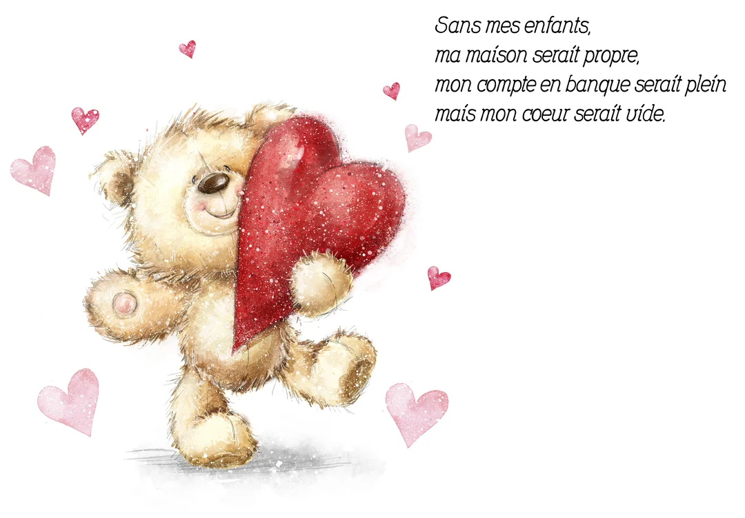 Un dessin à l'aquarelle d'un ourson beige tenant un gros cœur rouge, entouré de petits cœurs roses flottants sur un fond blanc.