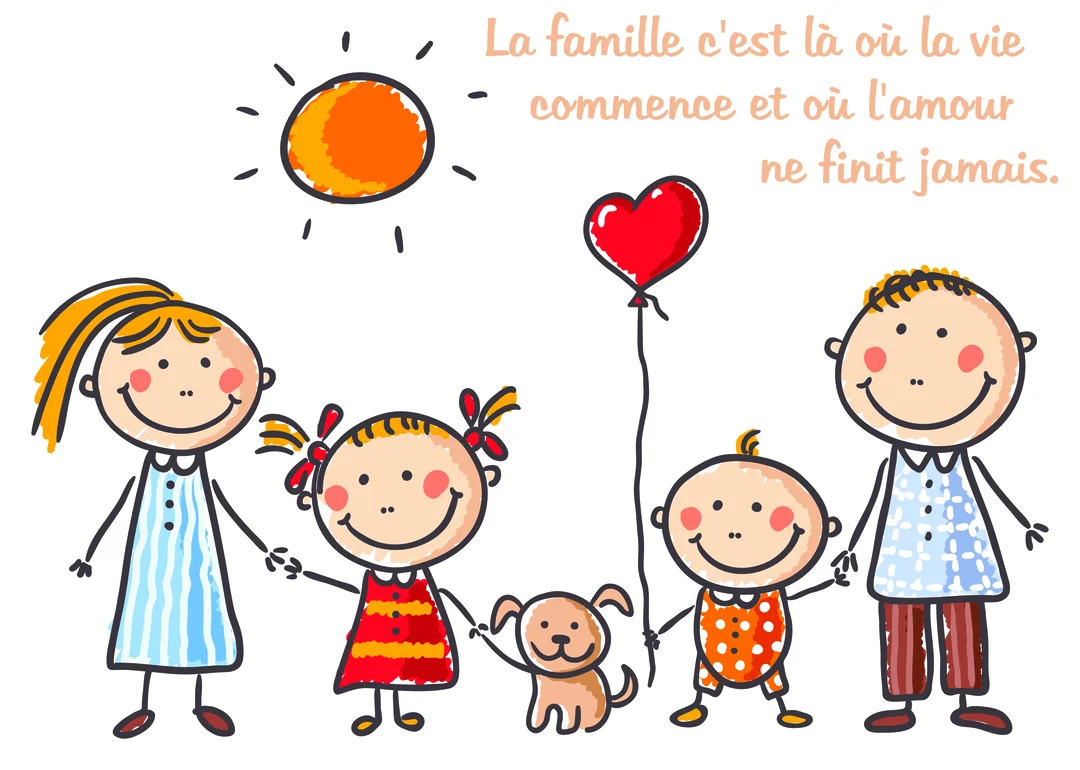 Un dessin de style enfantin représente une famille de quatre personnes et un chien, souriants sous un soleil, avec une citation sur l'amour familial.