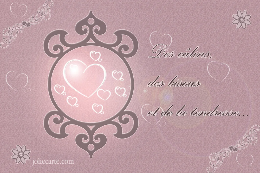 Une carte d'affection rose poudré avec un cadre ornemental contenant des cœurs et une inscription manuscrite évoquant la tendresse et les bisous.