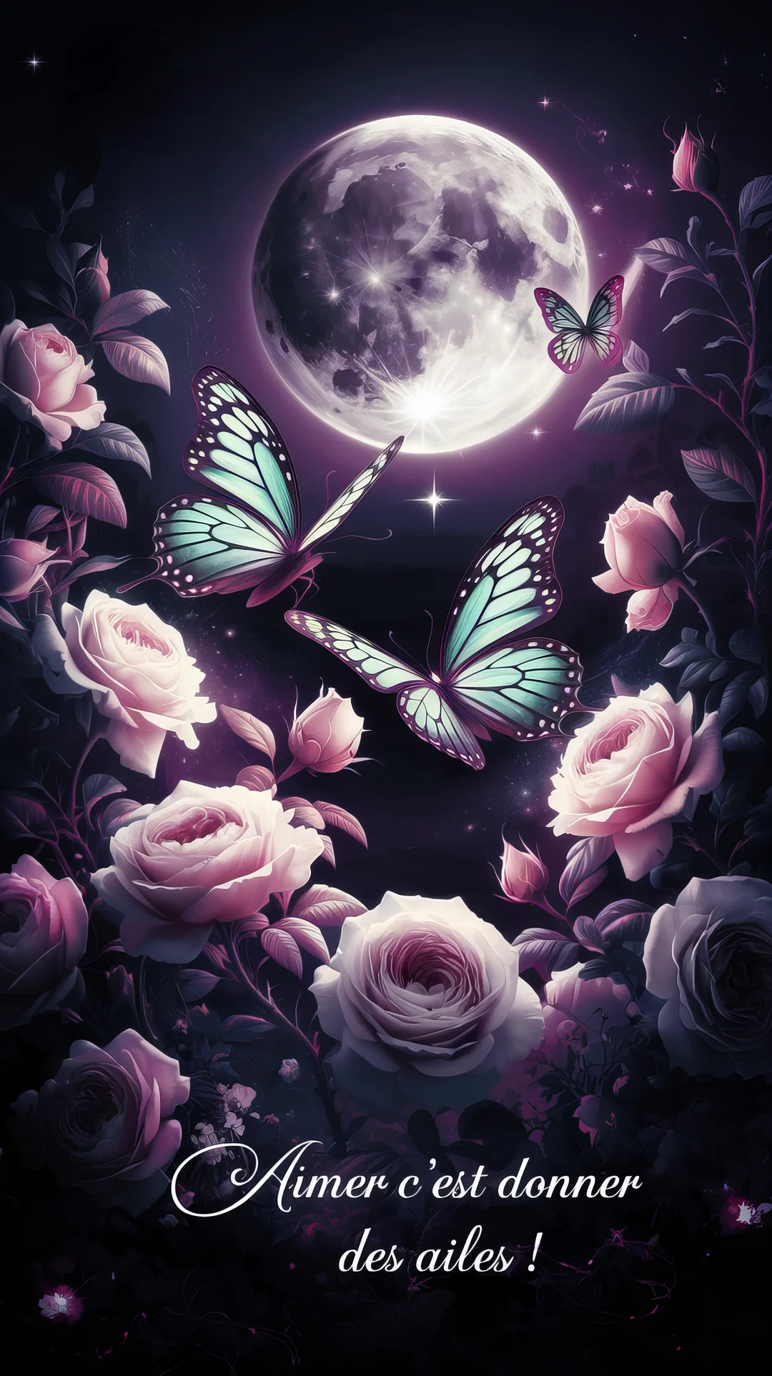 Une scène nocturne féerique montre des papillons turquoise volant parmi des roses roses, sous une grande lune brillante et des étoiles scintillantes.